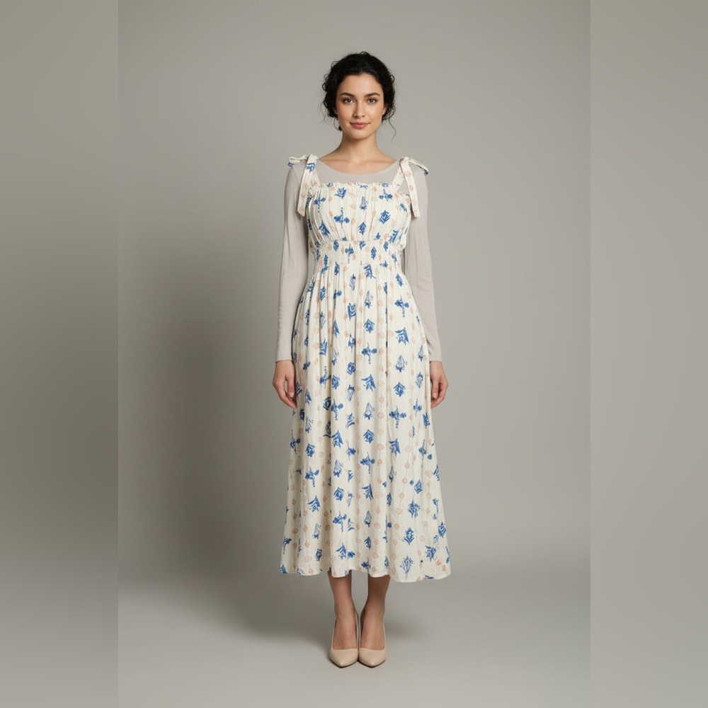 Blu Pepper Cream Maxi Dress with Blue Floral Print and Tie Straps